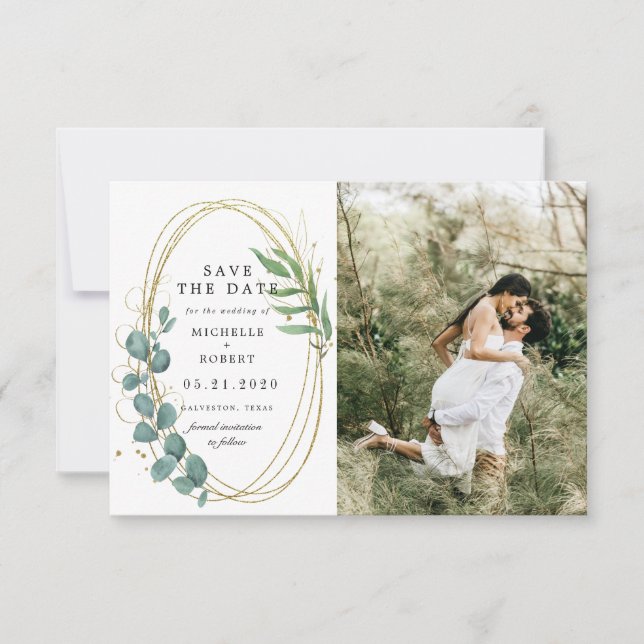 Invitación dorado eucalipto verde dos Foto Guardar la fecha (Anverso)