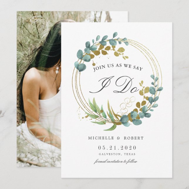 Invitación dorado eucalipto verde Foto Guardar la fecha (Anverso / Reverso)