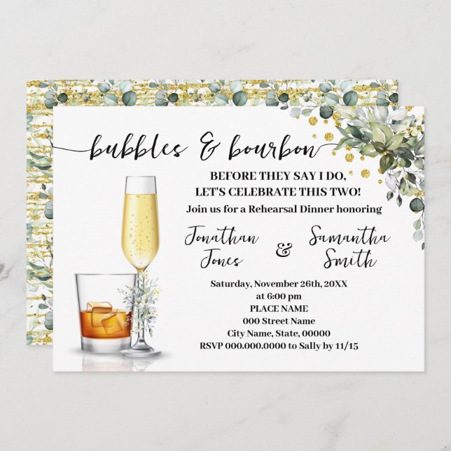 Invitación Dorado Eucalyptus Bubbles & Bourbon Parejas Ducha (Anverso / Reverso)