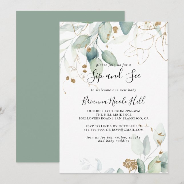Invitación Dorado Eucalyptus Calligraphy Sip y See (Anverso / Reverso)