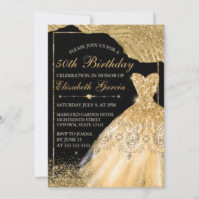 Invitación Dorado Faux Purpurina Vestido y Glam Edge Cumpleañ (Anverso)