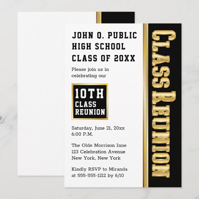 Invitación Dorado | Fiesta de Reunión de Clase Negra Moderna (Anverso / Reverso)