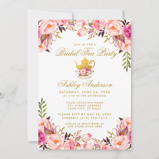 Invitación Dorado Fiesta de té de novia floral rosa (Anverso)