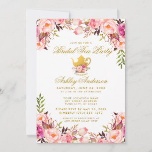 Invitación Dorado Fiesta de té de novia floral rosa