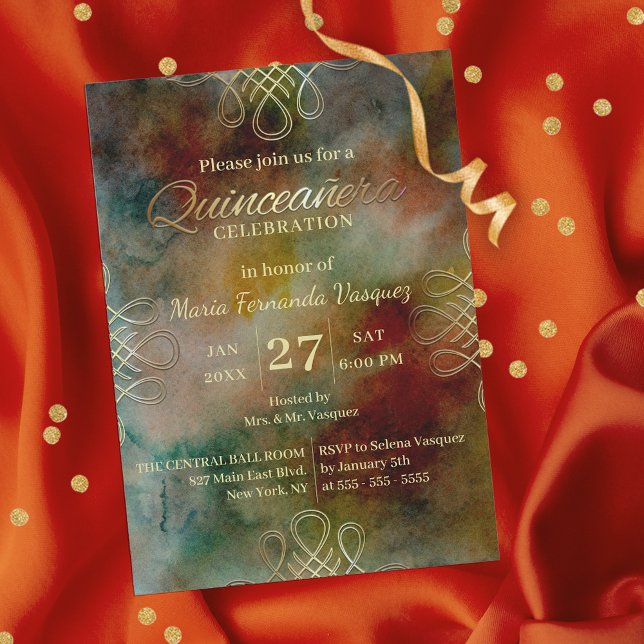 Invitación Dorado Filigree Border Dreamy Watercolor Quinceañe (Subido por el creador)