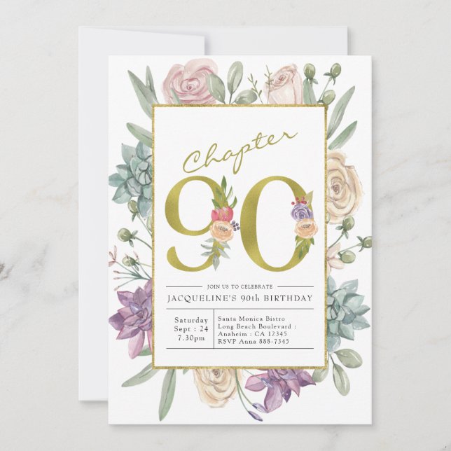 Invitación Dorado Floral 90 cumpleaños (Anverso)