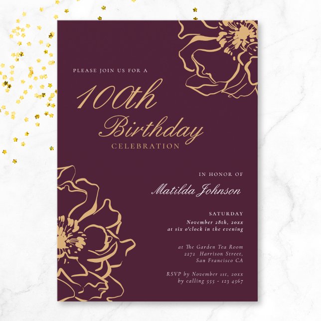 Invitación Dorado floral Borgoña 100 cumpleaños (Floral Gold Burgundy 100th Birthday Invitation)