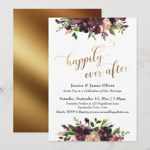 Invitación Dorado Floral Burgundy Rojo Oscuro Feliz Por Siemp