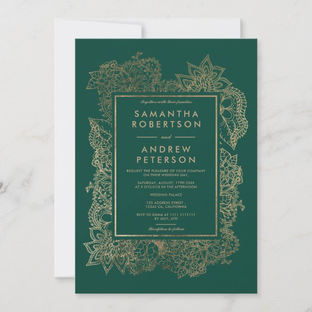 Invitación Dorado floral detalles verde esmeralda hotel boda (Anverso)
