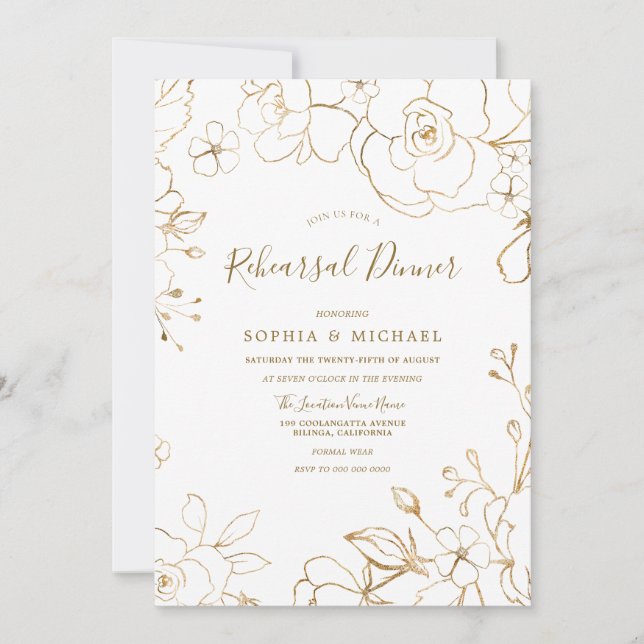 Invitación Dorado Floral Elegante Blanco Moderno Ensayo Cena (Anverso)