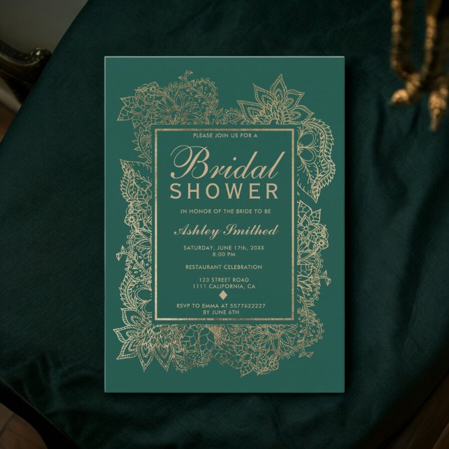 Invitación Dorado floral esmeralda verde ducha de novia moder (Floral gold emerald green modern bridal shower invitation)