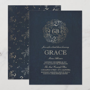 Invitación Dorado Floral Monograma Vintage Marina Ducha Nupci