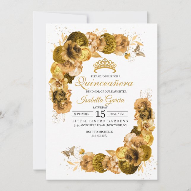 Invitación Dorado Floral Quinceanera (Anverso)