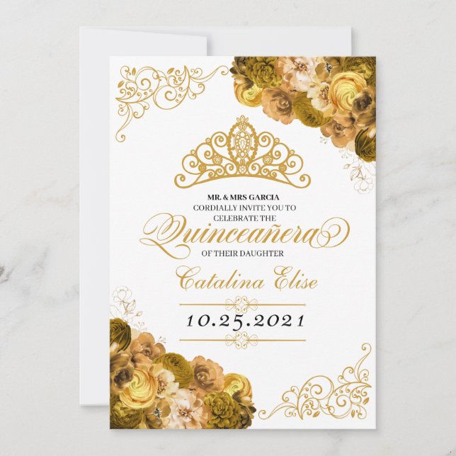 Invitación Dorado Floral Quinceanera (Anverso)