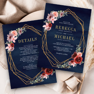 Invitación Dorado floral rosa de Borgoña todo en un Boda de l