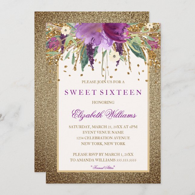 Invitación Dorado Floral Sparkling Amethyst Sweet Dieciséis (Anverso / Reverso)