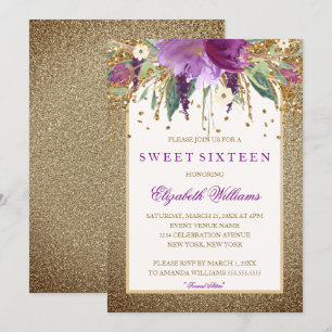 Invitación Dorado Floral Sparkling Amethyst Sweet Dieciséis