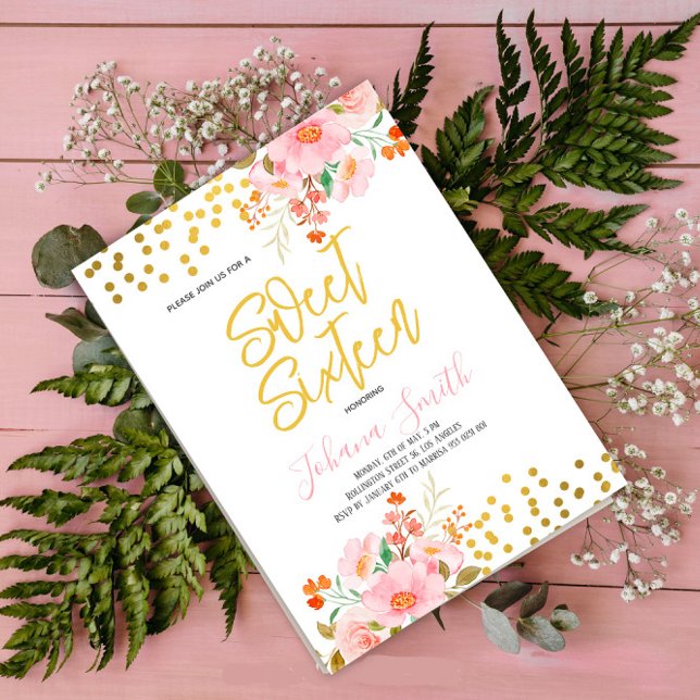 Invitación Dorado Floral Spring Dulce Dieciséis Aniversario (Subido por el creador)