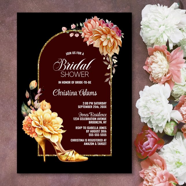 Invitación Dorado Floral Stiletto Zapato Arco Negro Ducha Bri (Subido por el creador)