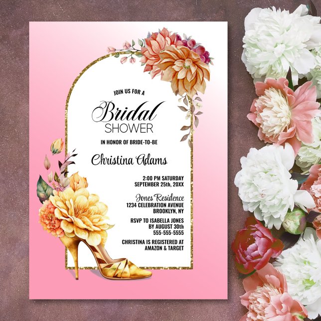 Invitación Dorado Floral Stiletto Zapato Arco Rosa Ducha Brid (Subido por el creador)