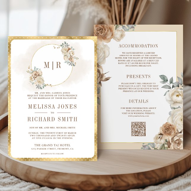 Invitación Dorado floral suave de marfil beige en un solo Bod (Subido por el creador)
