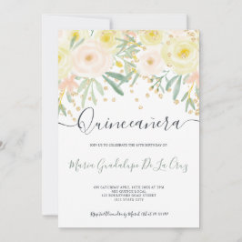 Invitación Dorado floral verde rosa amarillo moderno Quincean
