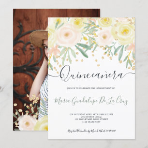 Invitación Dorado floral verde rosa amarillo moderno Quincean