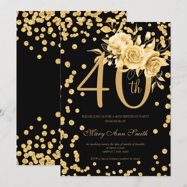 Invitación Dorado Floral y Confetti 40 cumpleaños Fiesta negr (Anverso / Reverso)
