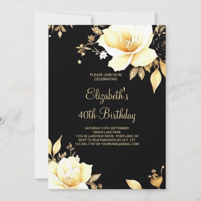 Invitación Dorado floral y negro imprimible 40 cumpleaños (Anverso)