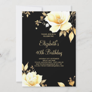 Invitación Dorado floral y negro imprimible 40 cumpleaños