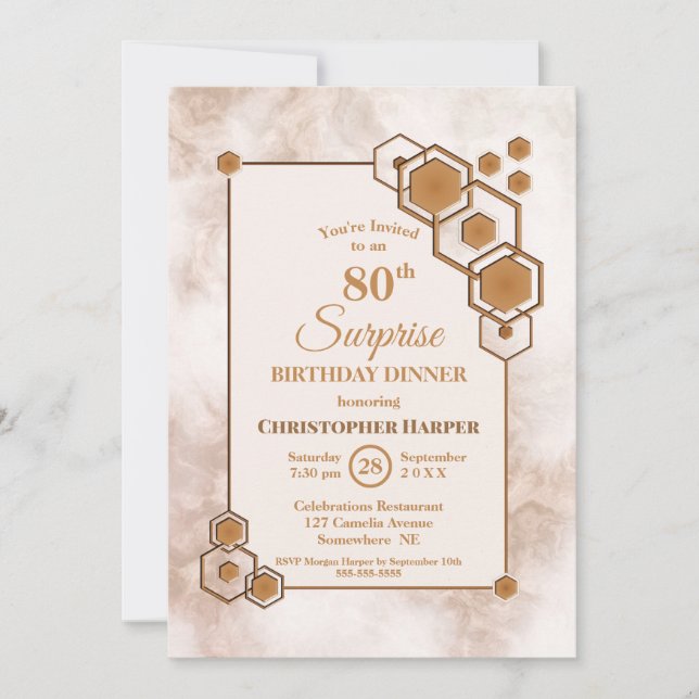 Invitación Dorado Frame Marble Surprise Cena de Cumpleaños 80 (Anverso)
