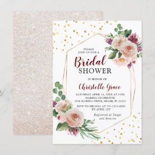 Invitación Dorado geométrico Burgundy Boho Flores Bridal Show