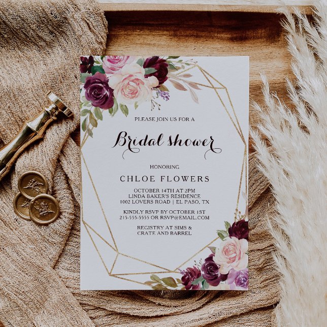 Invitación Dorado Geométrico Rubor Burgundy Floral Bridal Sho (Subido por el creador)