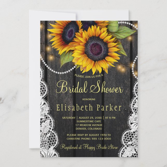 Invitación Dorado girasoles encaje y ducha de novia de madera (Anverso)