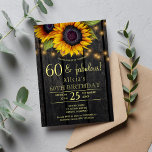 Invitación Dorado girasoles granero 60 fabuloso<br><div class="desc">Rústico país fiesta de cumpleaños 60 años elegante plantilla de invitación sobre fondo de madera de grano marrón oscuro con grandes ramos de girasoles dorados amarillos, cuerdas de luces intermitentes y un falso guión de tipografía de oro. Fácil de personalizar con tus detalles! Puede optar por personalizar de los tipos...</div>