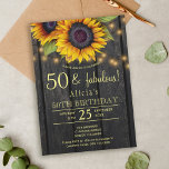 Invitación Dorado girasoles granero de campo cincuenta fabulo<br><div class="desc">Rústico país fiesta de 50 años, elegante plantilla de invitación sobre fondo de madera de grano marrón oscuro con grandes flores doradas de oro, cuerdas de luces de manga y un falso guión de tipografía de oro. Fácil de personalizar con tus detalles! Puede optar por personalizar de los tipos de...</div>