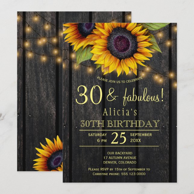 Invitación Dorado girasoles madera de granero de campo treint (Anverso / Reverso)