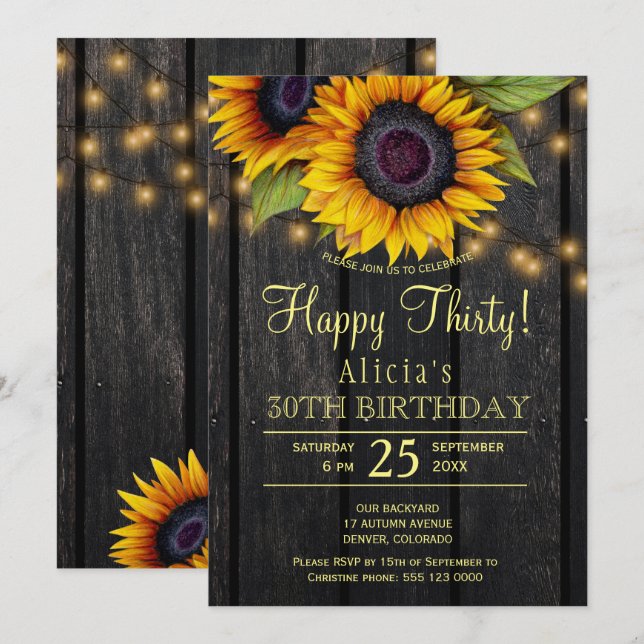Invitación Dorado girasoles país madera de paja treinta cumpl (Anverso / Reverso)
