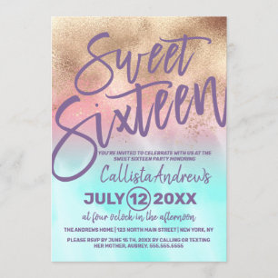 Invitación Dorado Girly color rosa Verde azulado degradado de