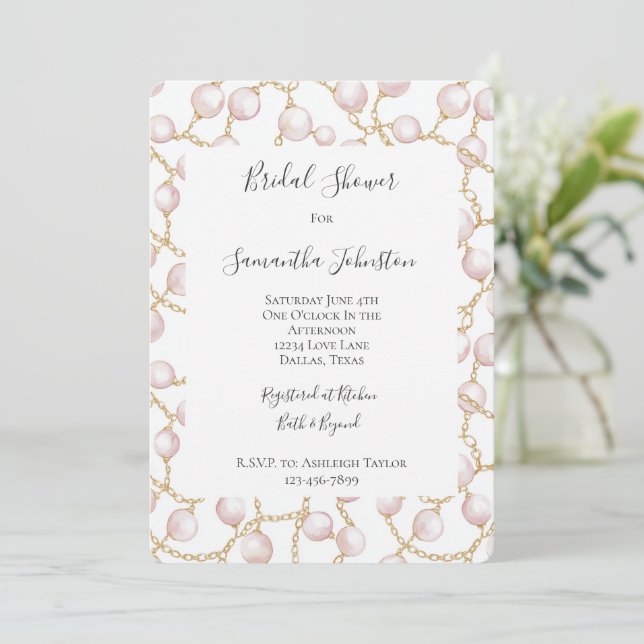 Invitación Dorado Glam Pink Pearls Bridal Shower (Anverso de pie)