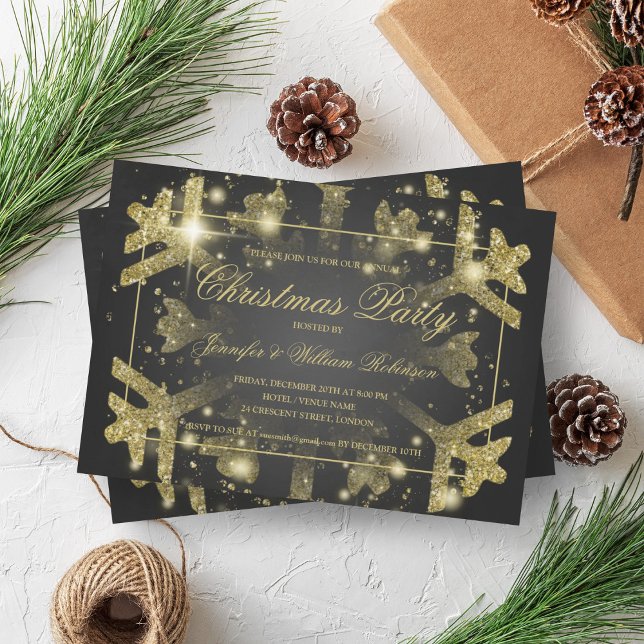 Invitación Dorado Glam Purpurina Snowflake Navidad Navidad Na (Gold Glam Glitter Snowflake Xmas Holiday Black Invitation)