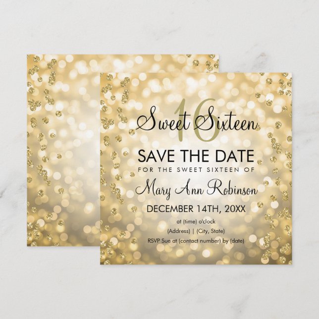 Invitación Dorado Glam Sweet 16 Dieciséis Luces Purpurinas (Anverso / Reverso)