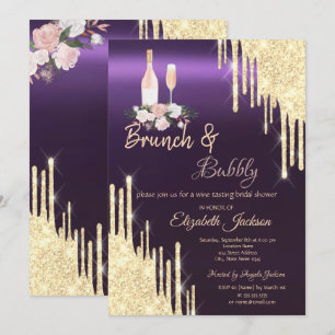 Invitación Dorado gotea Brunch & Bubbly Purple Bridal Shower
