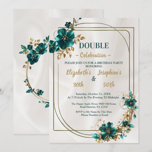 Invitación Dorado Green floral doble cumpleaños (Anverso / Reverso)