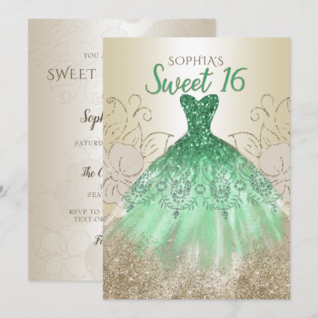 Invitación Dorado Green Sparkle Vestido dulce de 16 años (Anverso / Reverso)