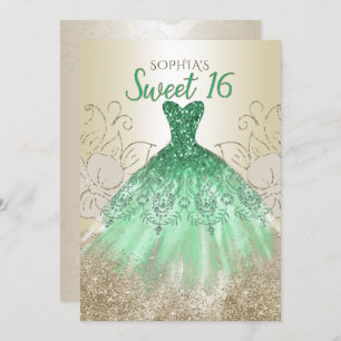 Invitación Dorado Green Sparkle Vestido dulce de 16 años
