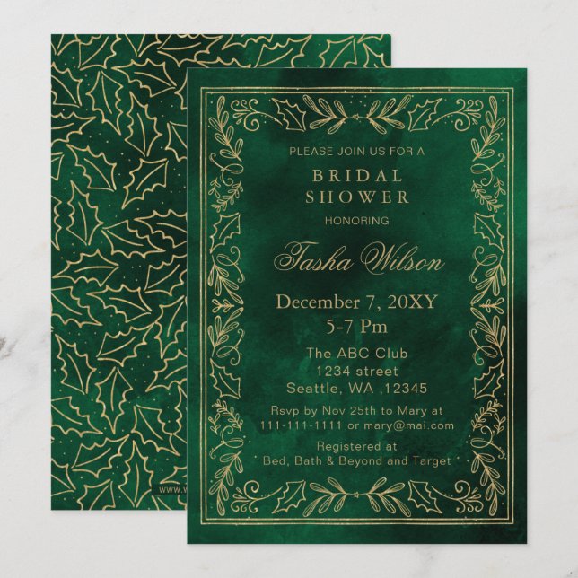 Invitación Dorado Green Winter Foliage Holiday Bridal Shower (Anverso / Reverso)