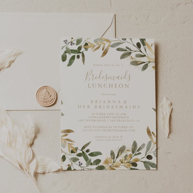 Invitación Dorado Greenery Caída Bridesmaids Ducha Luncheon (Subido por el creador)