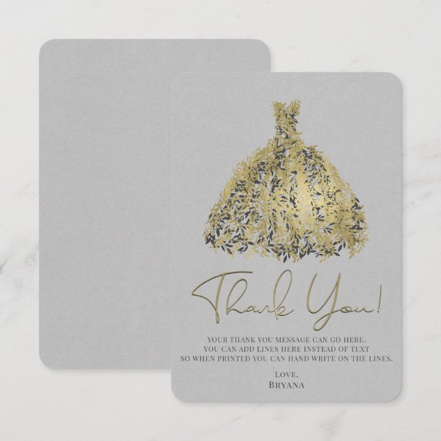 Invitación Dorado Gris Natural Moderno Vestido Botánico Graci (Anverso / Reverso)