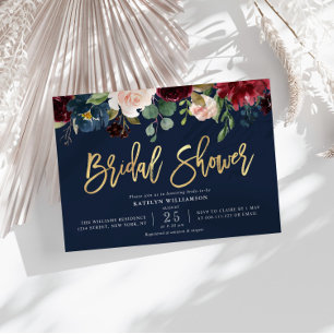Invitación Dorado guión azul marino floral ducha de novia